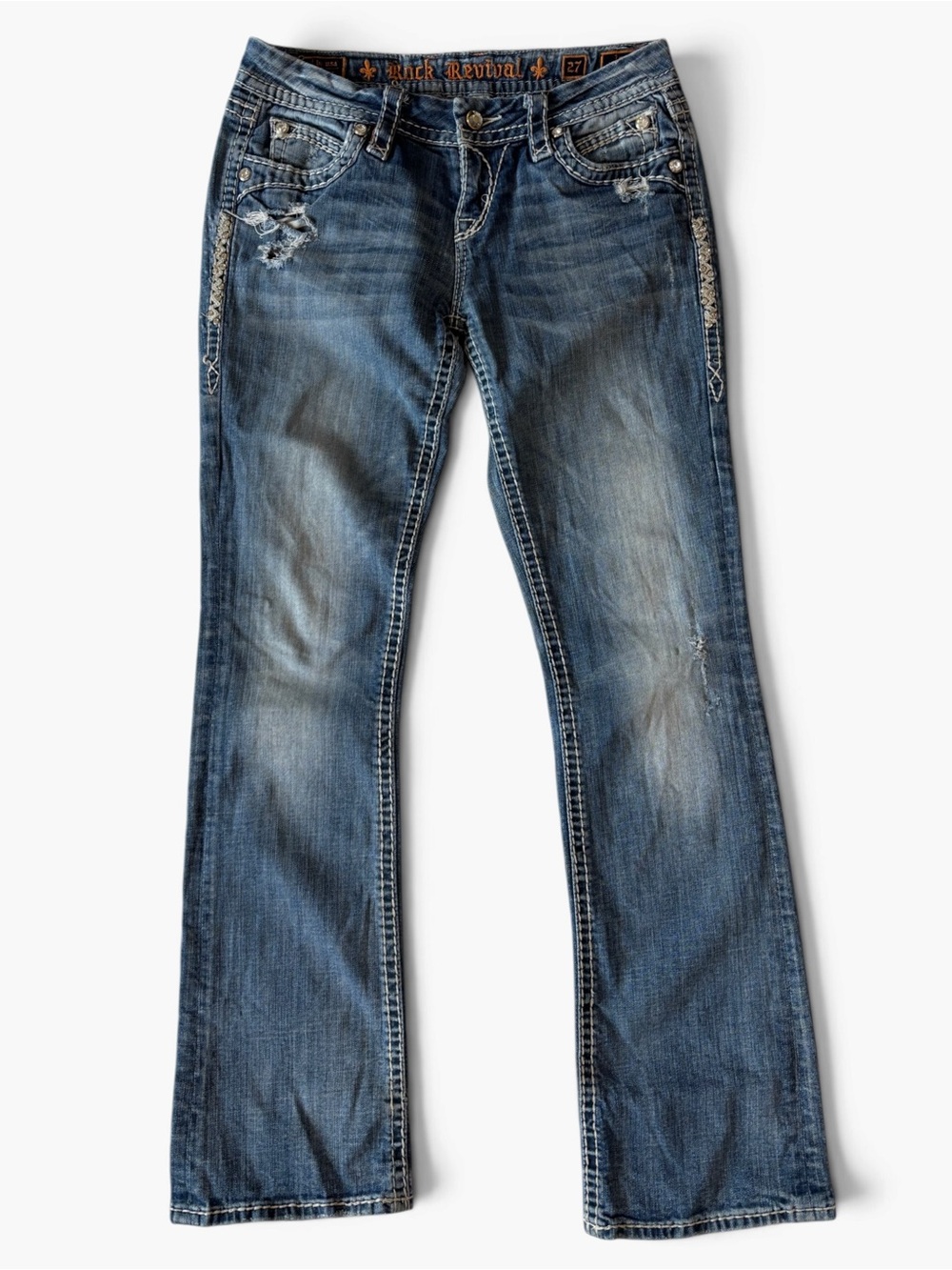 Rock Revival Irene Easy Boot Jeans Women’s 27 Rhinestone Distressed Low Rise
